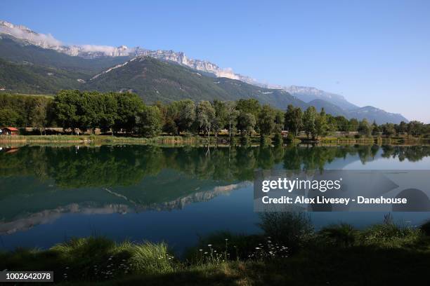 Alpe St Bernard du Touvet is seen from Lac de La Terrasse prior to Stage 12 of the 105th Tour de France 2018, on July 19, 2018 in Alpe d'Huez, France.