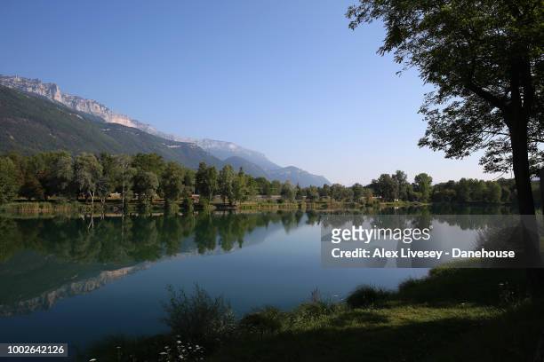 Alpe St Bernard du Touvet is seen from Lac de La Terrasse prior to Stage 12 of the 105th Tour de France 2018, on July 19, 2018 in Alpe d'Huez, France.