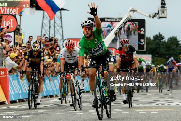 Slovakia's Peter Sagan , wearing the best sprinter's green jersey, celebrates as he crosses the finish line to win the 13th stage of the 105th...