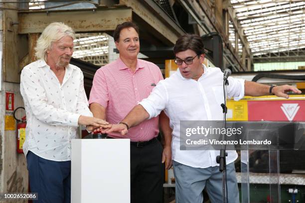 Steve Pagliuca and Tom McAlpin cut steel for second ship at Virgin Voyages Unveils Vitamin Sea with Sir Richard Branson on July 20, 2018 in Genoa,...