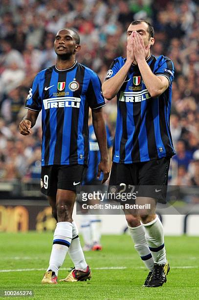 Goran Pandev and Samuel Eto'o of Inter Milan react during the UEFA Champions League Final match between FC Bayern Muenchen and Inter Milan at the...