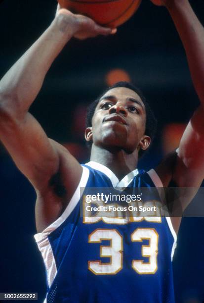 David Thompson of the Denver Nuggets shoots a free throw against the Washington Bullets during an NBA basketball game circa 1977 at the Capital...