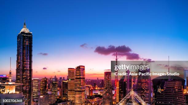 panoramic skyline of shanghai at dust - jin mao tower stock pictures, royalty-free photos & images