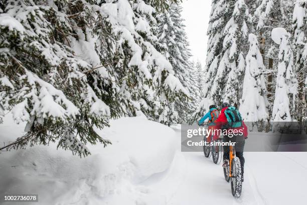 couple riding their fat bikes on snowy forest trail - winter cycling stock pictures, royalty-free photos & images