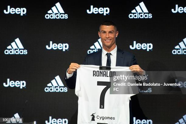 Juventus new signing Cristiano Ronaldo during the presentation press conference at Allianz stadium on July 16, 2018 in Turin, Italy.