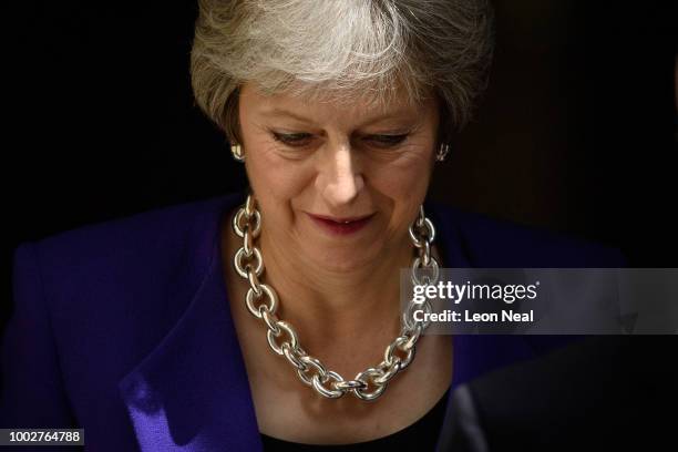 Prime Minister Theresa May leaves Downing Street on July 18, 2018 in London, England. The Prime Minister will address Conservative MPs today while...