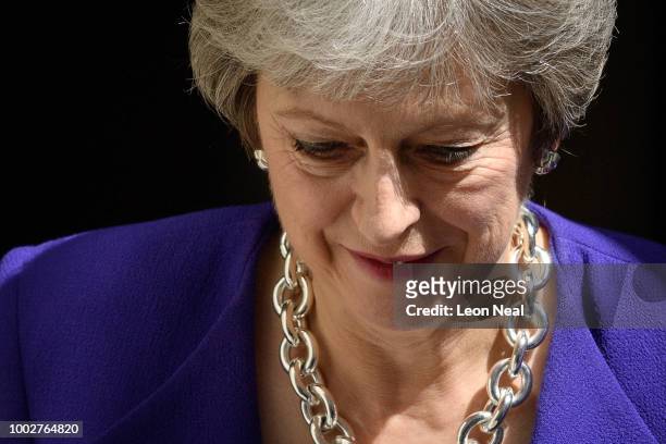 Prime Minister Theresa May leaves Downing Street on July 18, 2018 in London, England. The Prime Minister will address Conservative MPs today while...