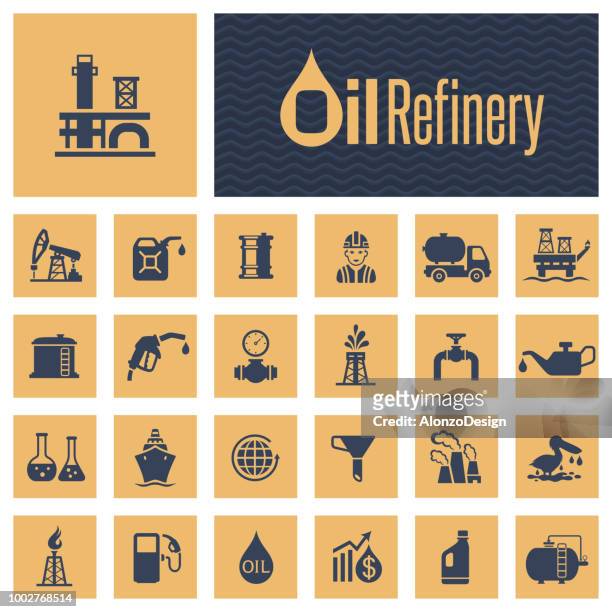 öl-industrie-icon-set - refinery stock-grafiken, -clipart, -cartoons und -symbole