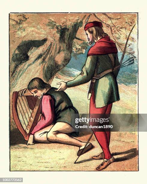 illustrazioni stock, clip art, cartoni animati e icone di tendenza di robin hood e alan-a-dale - menestrello-persona