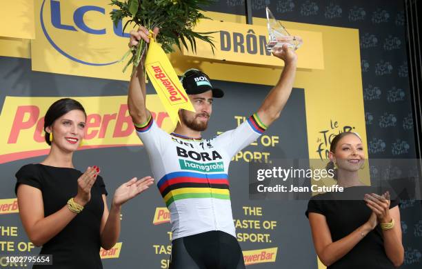 Peter Sagan of Slovakia and Team Bora-Hansgrohe celebrates on the podium winning stage 13th of Le Tour de France 2018 between Bourg d'Oisans and...