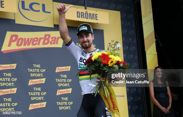 Peter Sagan of Slovakia and Team Bora-Hansgrohe celebrates on the podium winning stage 13th of Le Tour de France 2018 between Bourg d'Oisans and...