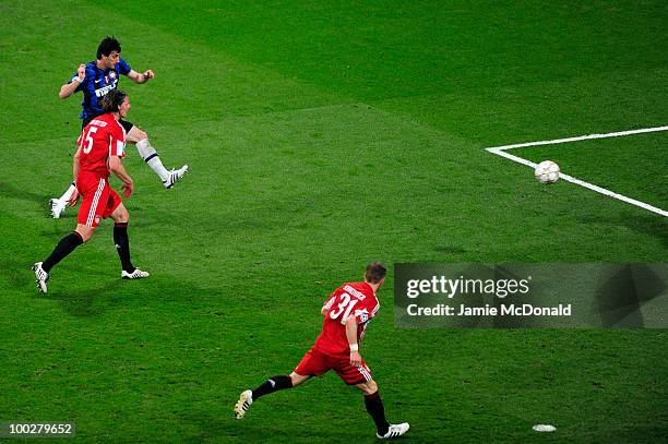 Diego Milito of Inter Milan scores the second goal during the UEFA Champions League Final match between FC Bayern Muenchen and Inter Milan at the...