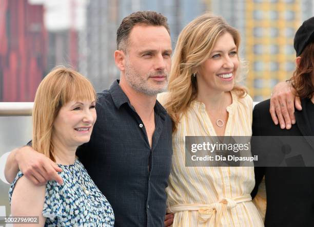 Gale Ann Hurd, Andrew Lincoln and Denise M. Huth attend 'The Walking Dead' Photo Call during Comic-Con International 2018 at Andaz San Diego on July...