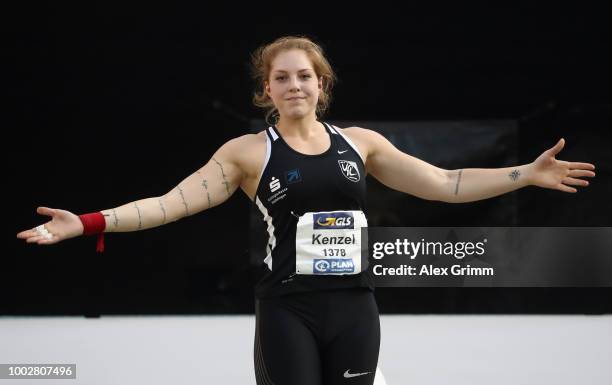 Alina Kenzel of VfL Waiblingen reacts during the Shot Put women's final during day 1 of the German Athletics Championships at Hauptmarkt on July 20,...