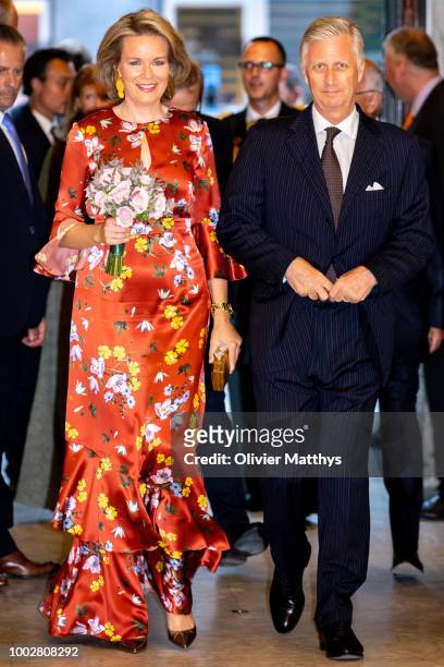 King Philip of Belgium and Queen Mathilde arrive prior to attend the Prelude to the National Day Concert at Palais des Beaux-Arts on July 20, 2018 in...