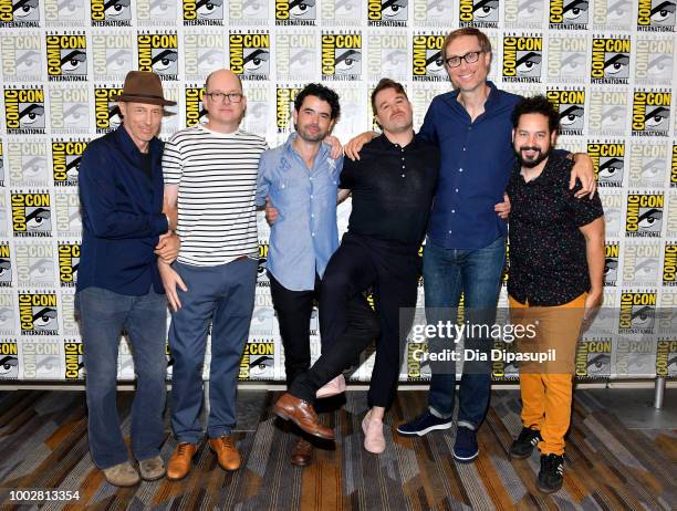 Jon Gries, Mark Proksch, Nicholas Rutherford, Daniel Stessen, Stephen Merchant and Ahmed Bharoocha attend Adult Swim's 'Dream Corp LLC' Press Line...