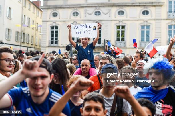 Antoine Griezmann fan's celebrate France victory in World Cup in his hometown on July 20, 2018 in Macon, France.