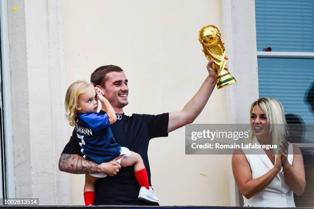 Antoine Griezmann with his daughter Mia and his wife Erika Choperena celebrate France victory in World Cup in his hometown on July 20, 2018 in Macon,...