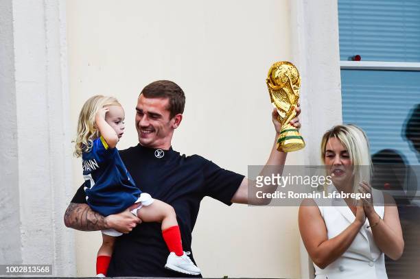 Antoine Griezmann with his daughter Mia and his wife Erika Choperena celebrate France victory in World Cup in his hometown on July 20, 2018 in Macon,...