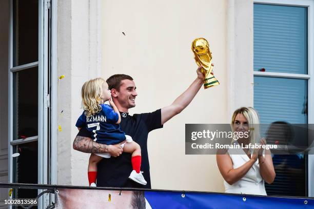 Antoine Griezmann with his daughter Mia and his wife Erika Choperena celebrate France victory in World Cup in his hometown on July 20, 2018 in Macon,...