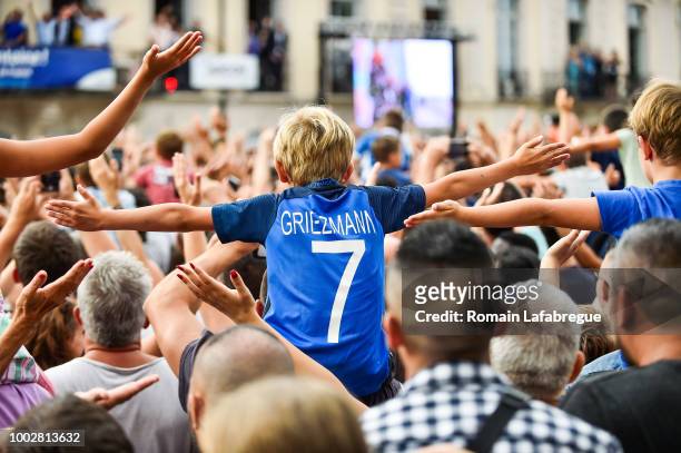 Antoine Griezmann fan's celebrate France victory in World Cup in his hometown on July 20, 2018 in Macon, France.