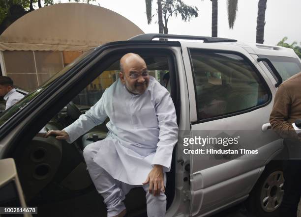 President Amit Shah arrives for third day of Monsoon Session of Parliament on July 20, 2018 in New Delhi, India. A debate is under way on the third...