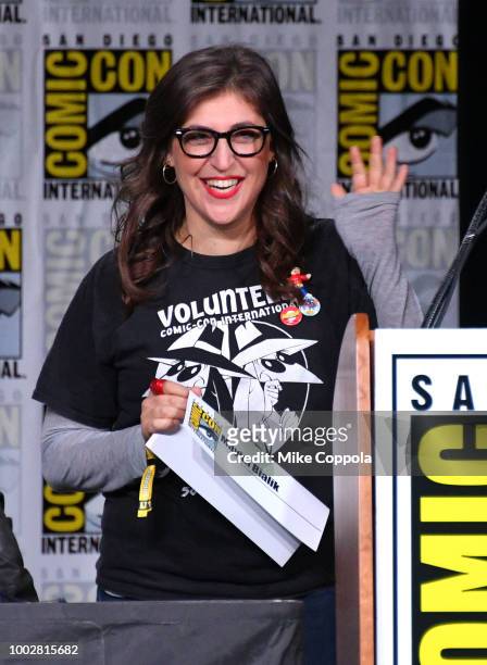 Mayim Bialik speaks onstage at Inside "The Big Bang Theory" Writers' Room during Comic-Con International 2018 at San Diego Convention Center on July...