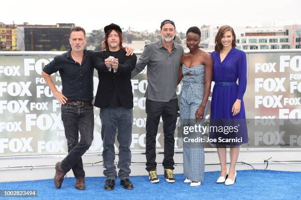 Andrew Lincoln, Norman Reedus, Jeffrey Dean, Danai Gurira and Lauren Cohan attend the 'Walking Dead' photocall at Comic-Con International 2018 on...