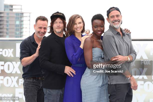 Andrew Lincoln, Norman Reedus, Jeffrey Dean, Danai Gurira and Lauren Cohan attend the 'Walking Dead' photocall at Comic-Con International 2018 on...