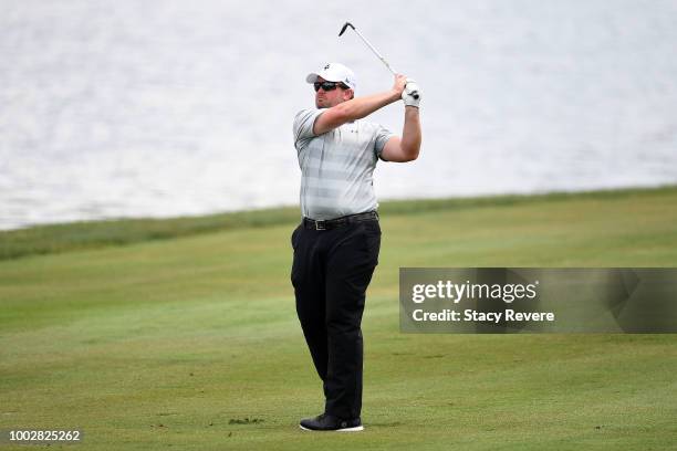 Steve Wheatcroft hits his second shot on the ninth hole during the second round of the Barbasol Championship at Keene Trace Golf Club on July 20,...