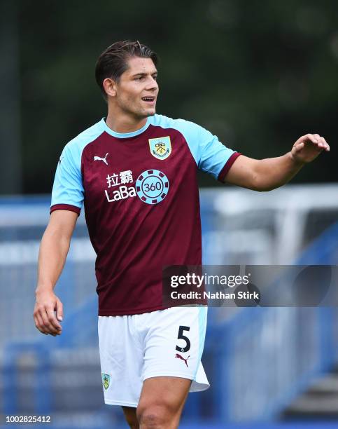 James Tarkowski of Burnley gives his team mates instructions during a pre-season friendly match between Curzon Ashton and Burnley at Tameside Stadium...