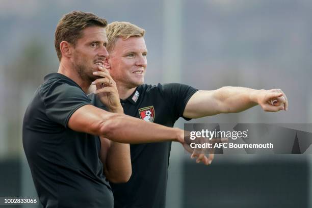 Bournemouth assistant manager Jason Tindall with Bournemouth manager Eddie Howe during the pre-season friendly between AFC Bournemouth and Levante at...