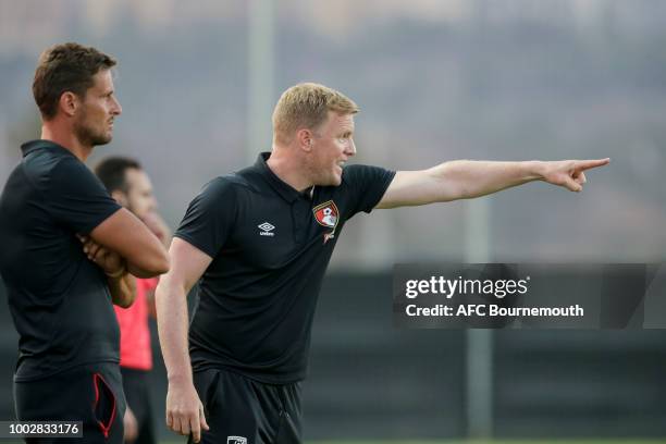 Bournemouth assistant manager Jason Tindall with Bournemouth manager Eddie Howe during the pre-season friendly between AFC Bournemouth and Levante at...