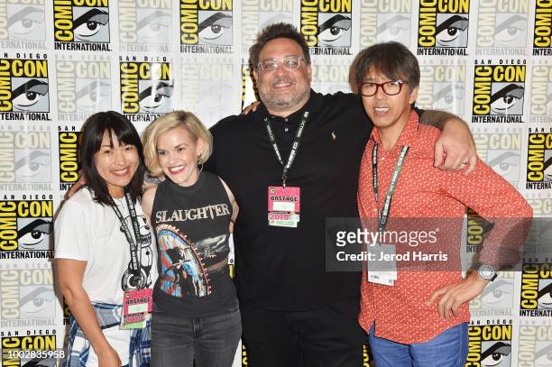 Maki Terashima-Furuta, Teri Whalgren, Jason Demarco and Mitsuhisa Ishikawa attend Adult Swim's 'FLCL ' Press Line during Comic-Con International 2018...