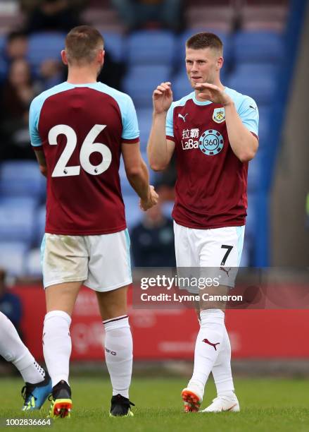 Johann Berg Gudmundsson of Burnley celebrates scoring the second goal during the Pre-Season Friendly between Macclesfield Town and Burnley at Moss...