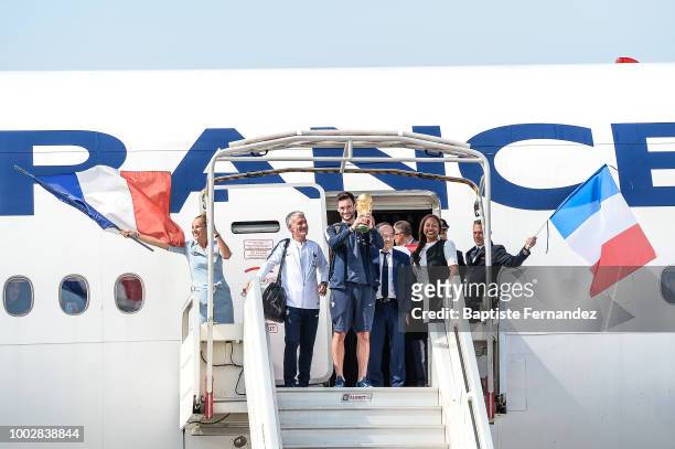 Dider Deschamps, head coach, Hugo Lloris, Noel Le Graet, President of French Federation and Laura Flessel, French Sport Minister during the arrival...