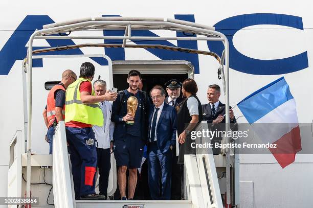 Dider Deschamps, head coach, Hugo Lloris, Noel Le Graet, President of French Federation and Laura Flessel, French Sport Minister during the arrival...