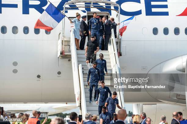 Corentin Tolisso, Adil Rami, Ngolo Kante, Thomas Lemar, Lucas Hernandez and Raphael Varane of France during the arrival at Airport Roissy Charles de...