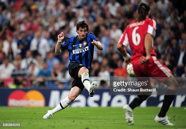 Diego Milito of Inter Milan scores the second goal during the UEFA Champions League Final match between FC Bayern Muenchen and Inter Milan at the...