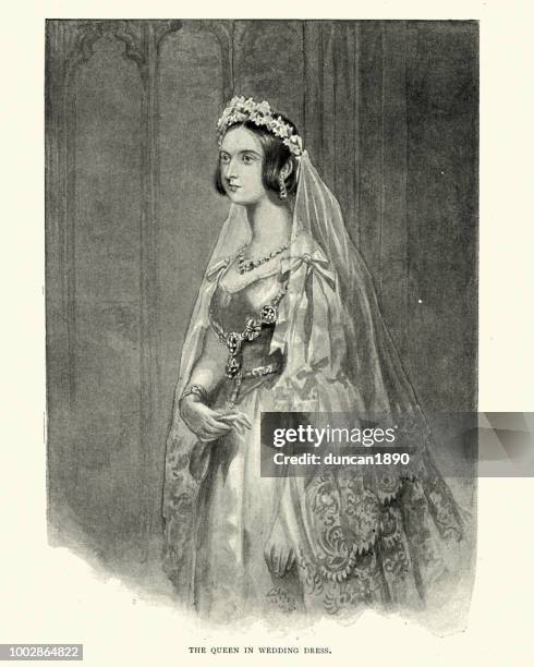 stockillustraties, clipart, cartoons en iconen met koningin victoria in haar trouwjurk - wedding dress