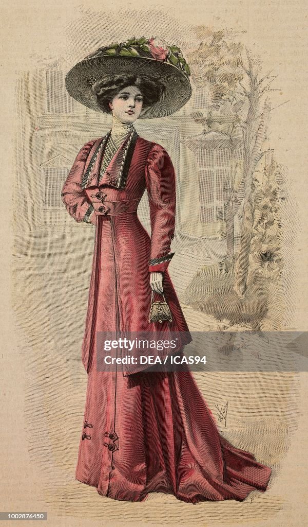 Woman wearing red satin Drap dress