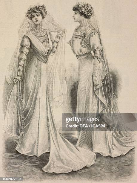 Woman wearing a wedding dress with draped skirt and woman wearing a wedding dress in Meteore fabric, creation by Mademoiselle Louise Piret, engraving...