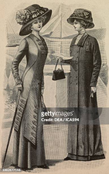 Woman wearing a travelling dress, woman wearing a herringbone duster coat, hats with ribbons, engraving from La Mode Illustree, No 29, July 18, 1909.