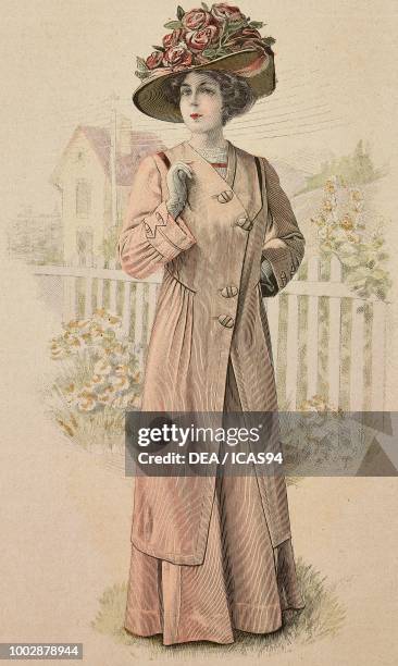 Woman wearing a pink salmon Drap dress, round skirt and long coat; hat with roses, creation by Bechoff-David, colored engraving from La Mode...