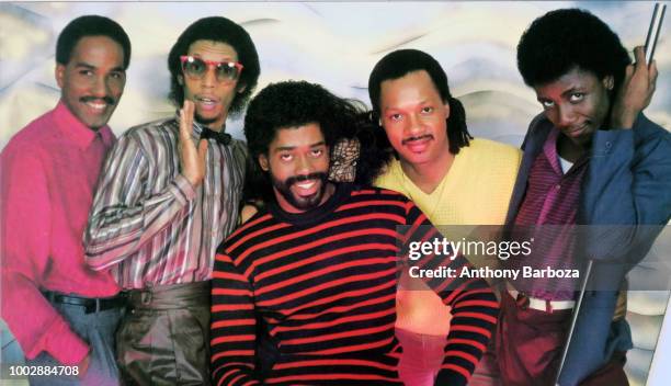 Group portrait of the members of American rhythm & blues and funk band Cameo, New York, New York, 1980s.