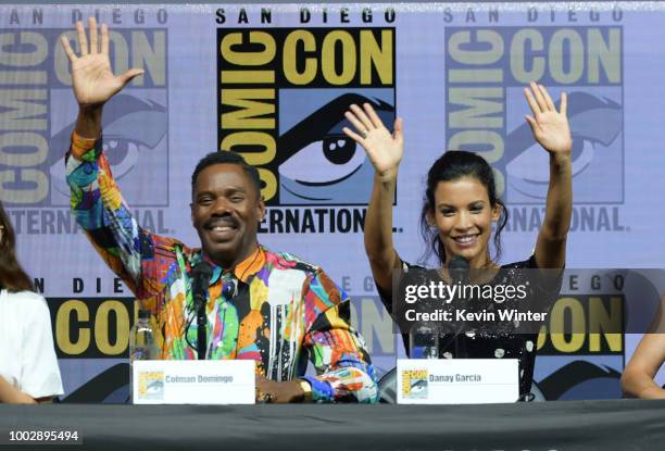 Colman Domingo and Danay Garcia speak onstage at AMC's "Fear The Walking Dead" panel during Comic-Con International 2018 at San Diego Convention...