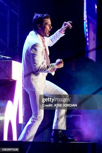 Singer Brandon Flowers of The Killers performs on the second day of the Benicassim International Music Festival in Benicassim on July 20, 2018.