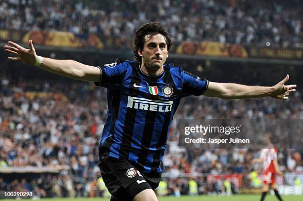 Diego Milito of Inter Milan celebrates after scoring the second goal during the UEFA Champions League Final match between FC Bayern Muenchen and...