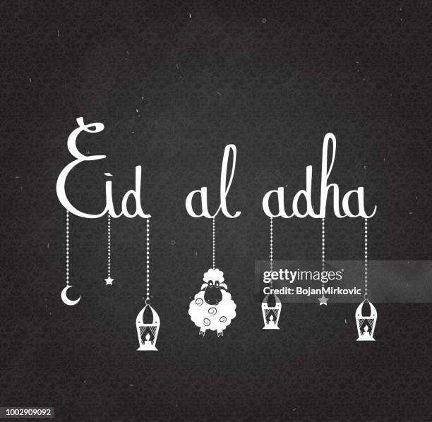 eid al adha hand lettering. muslim holiday. hanging lantern and sheep. vector illustration. - eid al adha stock illustrations