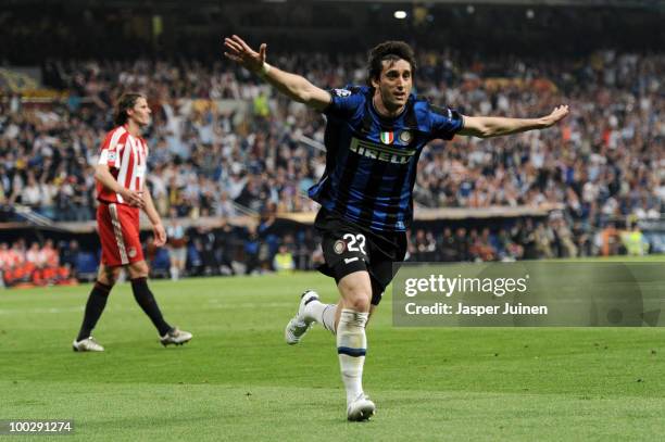 Diego Milito of Inter Milan celebrates after scoring the second goal during the UEFA Champions League Final match between FC Bayern Muenchen and...